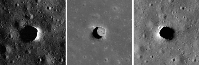 Tres imágenes de pozos redondos en la superficie lunar gris vista desde la órbita.