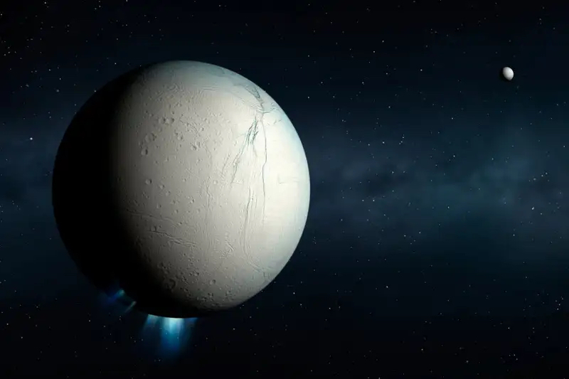 Enceladus' ocean: Moon-like body with a few craters, cracks and plumes of water vapor on the bottom.