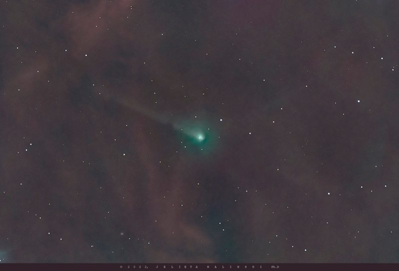 Comet with greenish head and long, faint tail surrounded by scattered stars and nebulous wisps.