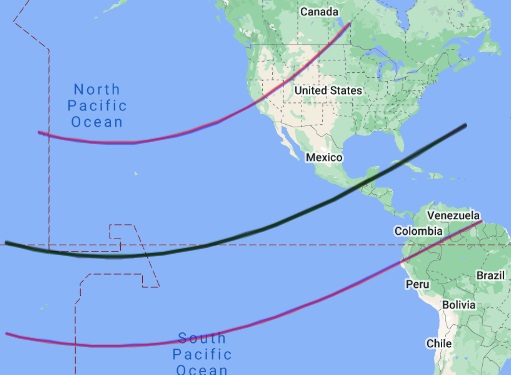 Map of Pacific and parts of Western Hemisphere with three parallel curving lines.