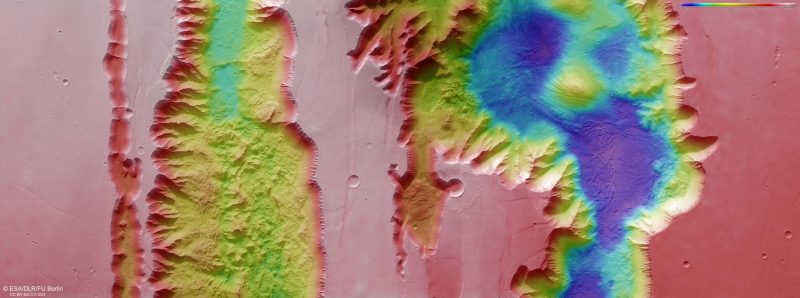 Color coded regions of canyon on Mars.