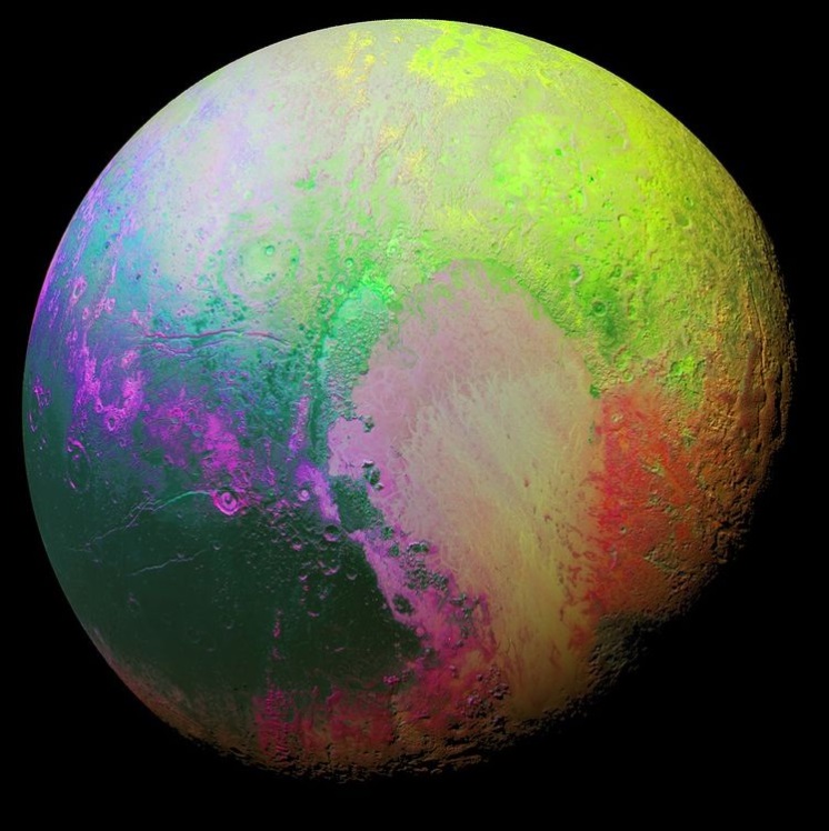Planet Pluto with large areas of green, teal, orange, and magenta on differently textured areas.