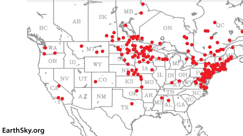 Map of the United States with red dots spreading into Canada.