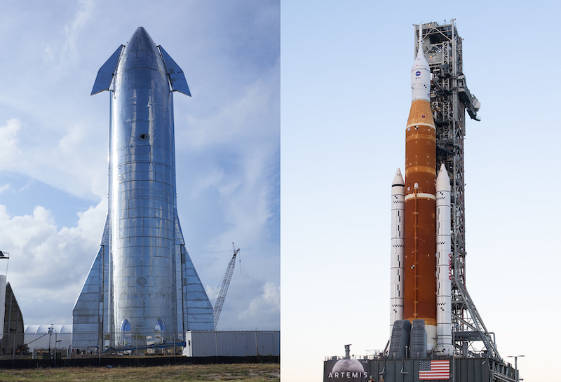 SLS v Starship: On the left, a shiny silver vehicle stands upright against a light blue sky; to the right, an orange and white colored vehicle held up by metal.