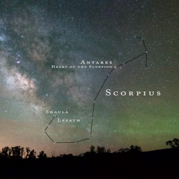 Shaula and Lesath: Scorpius marked with lines and dots. The Milky Way is in the background.