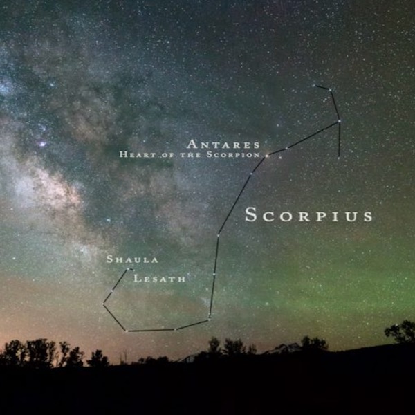 Scorpius marked with lines and dots in a photo of the starry sky. The Milky Way is in the background.