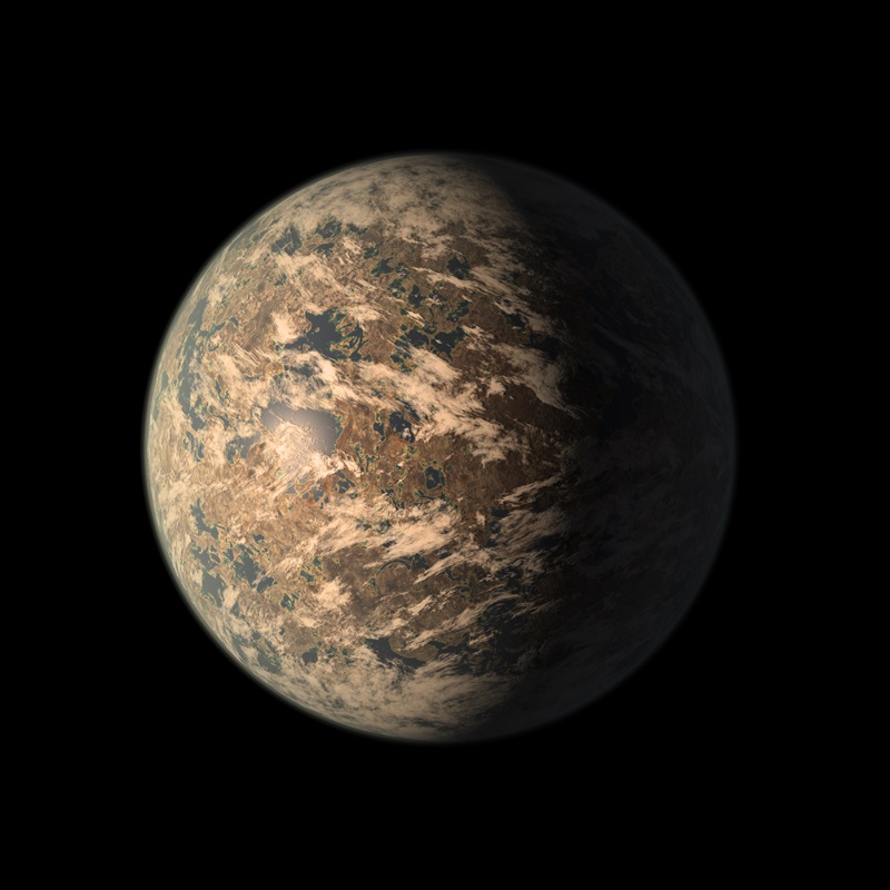 Webb: Planet with brown and tan mottling like clouds over land.