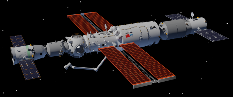 Cylindrical space station with panels on the sides on a starry background.