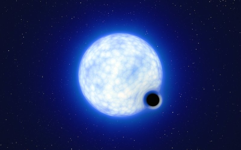 Black hole police: Large glowing white globe with a smaller black orb next to it.