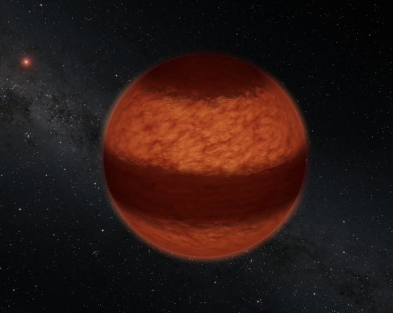 Reddish planet-like object with dark polar hood and dark broad stripe around the equator.