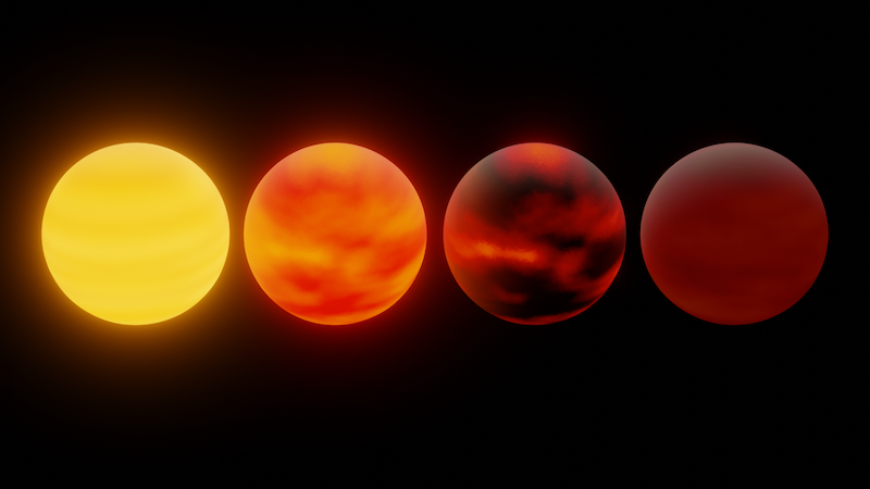 4 spheres going from bright yellow to dark red, left to right. Mottled appearance on last 3.