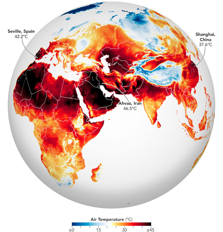 Heatwaves and fires: Globe showing Eastern hemisphere, with red and dark red swathes across from Europe and northern Africa, into Asia.