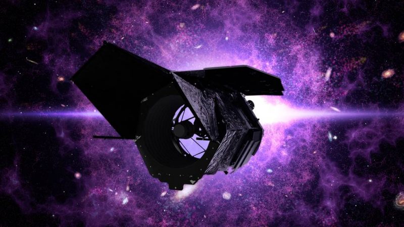 Near-cylindrical hollow black spacecraft against imaginary space background.