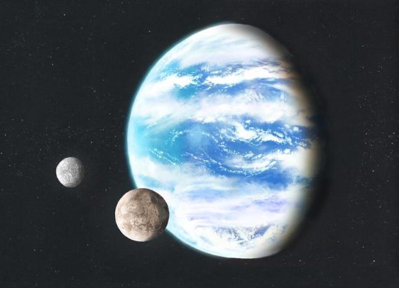 Land on exoplanets: Planet with blue oceans and white clouds, with 2 moons.