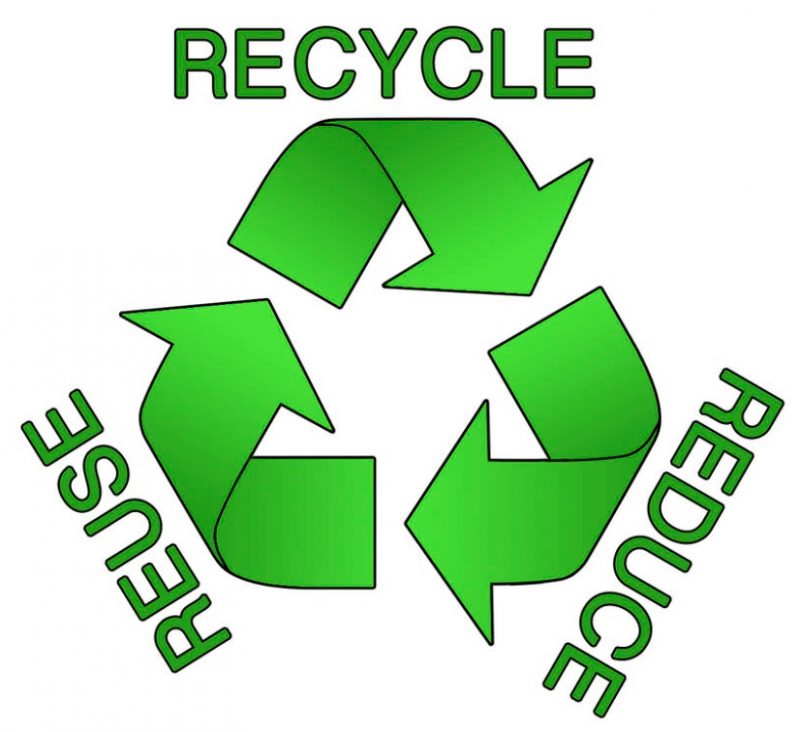 Triangle of green arrows with text of reduce reuse and recycle.