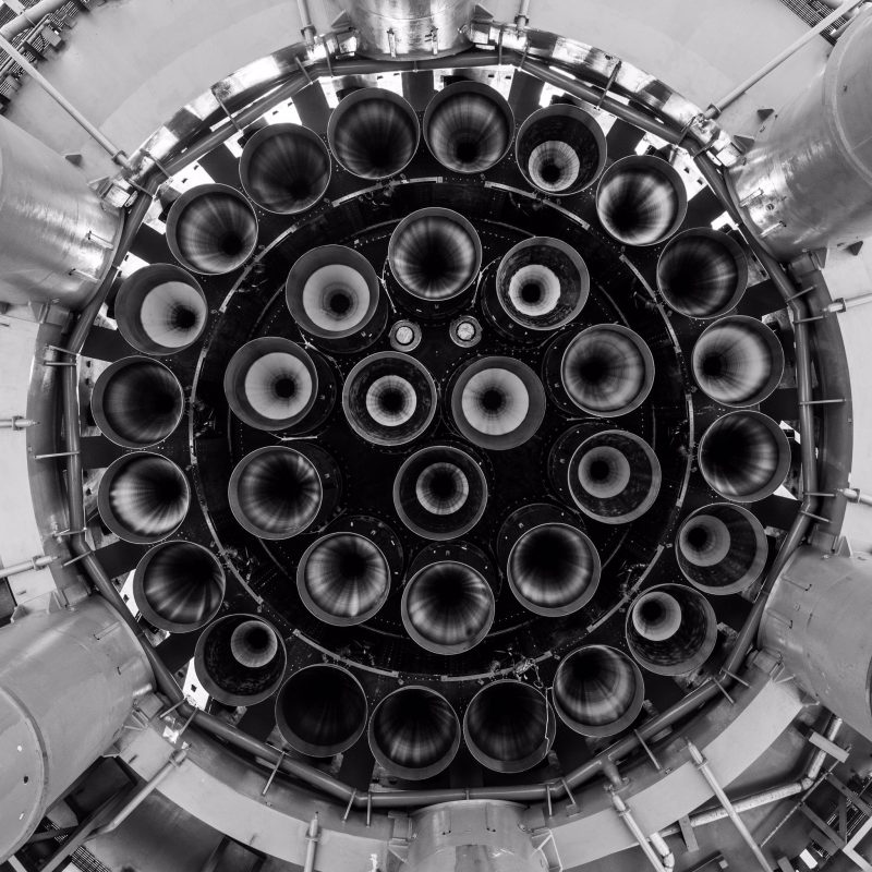 black-and-white image of rocket engines.