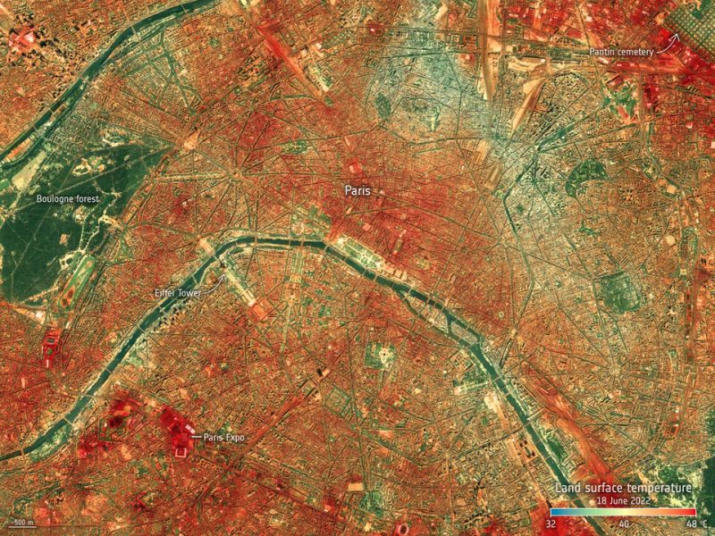 Map of Paris, with many red blotches nearly covering city. A few green areas (parks).