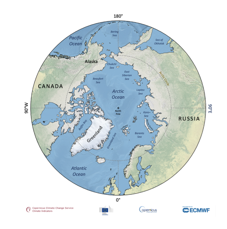 Map of Arctic, which is mostly ocean, and surrounding continents.