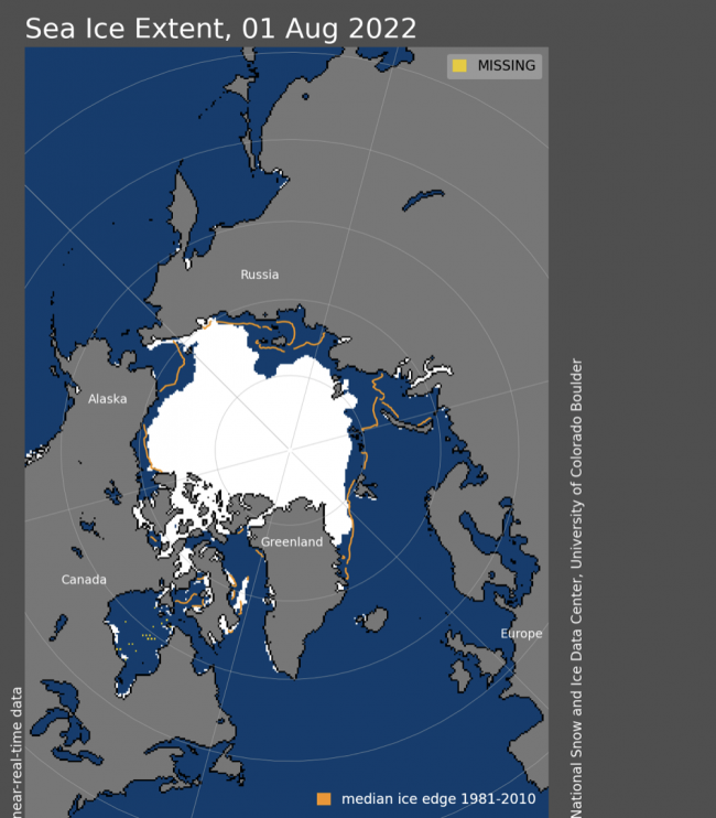 Map of Arctic sea ice extent (shown in white against blue ocean and gray land areas).