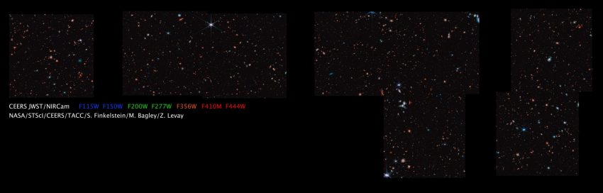 Largest image of galaxies: 4 panels of differing heights showing black fields with colored splotches.