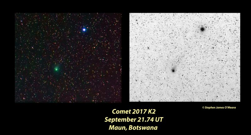 Two images of Comet PanSTARRS K2, with negative image on right.