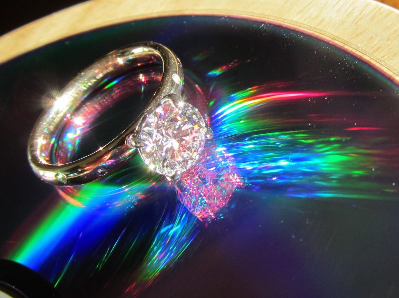 April birthstone: Diamond in a ring refracting blue, green and pink light.