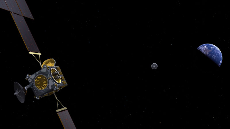 Spacecraft on left, with smaller spacecraft and Earth to the right.
