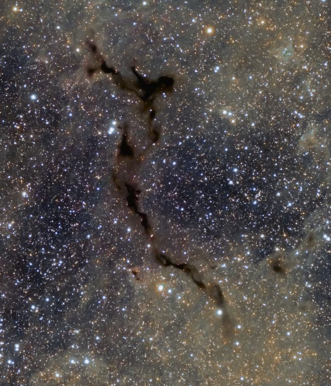 Dark seahorse-shaped nebula with foreground stars and yellowish clouds.