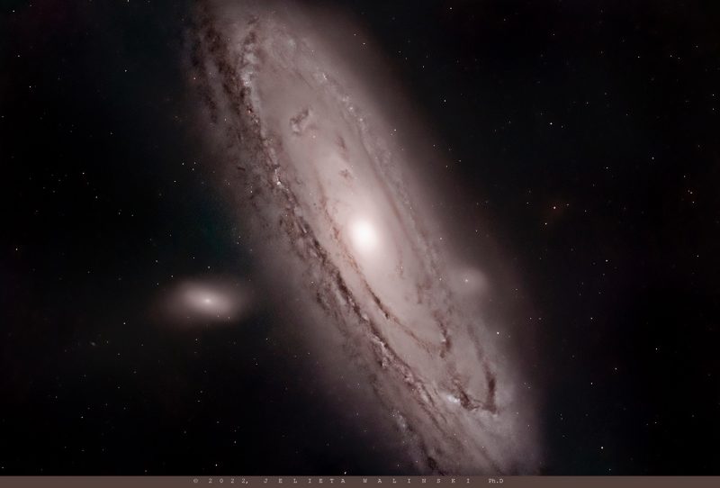 Oblique view of large spiral galaxy with dark lanes and foreground stars.
