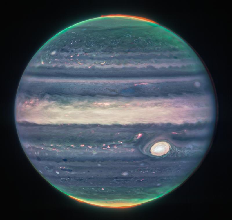 Jupiter from Webb: Jupiter with equatorial bands, the Great Red Spot and auroras. There are many colors: Red, yellow and green on the north and south poles, and blue and white in the middle of the planet.