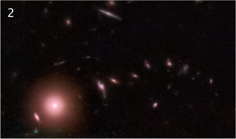 Round, reddish galaxy at left with stream of smaller galaxies leading to the right.