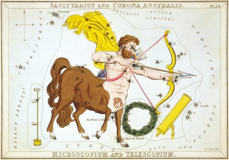 Drawing of a half-man, half-horse, wreath and Telescopium the telescope.