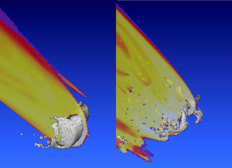 Meteorites: Computer simulation of an asteroid melting and breaking up when entering our atmosphere.