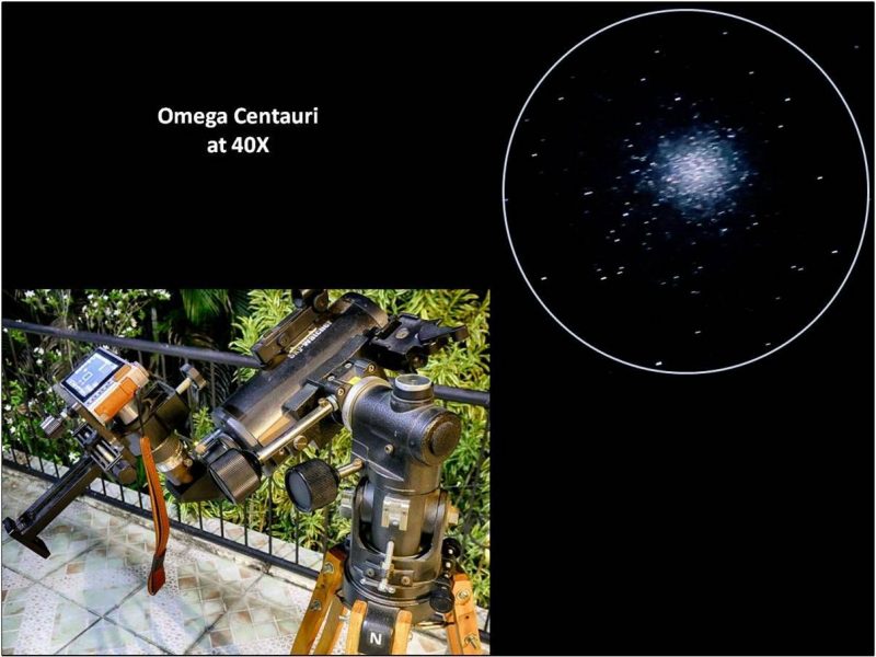 Telescopes on a deck and inset of a cluster of stars.