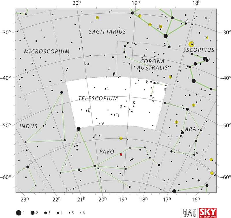 White chart with black dots showing Telescopium with black hole labeled.