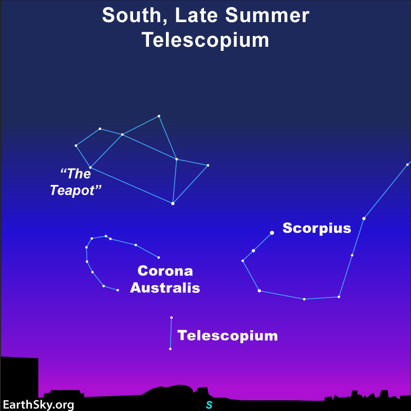 Star chart with the Teapot, Scorpius, Corona Australis and Telescopium near horizon.