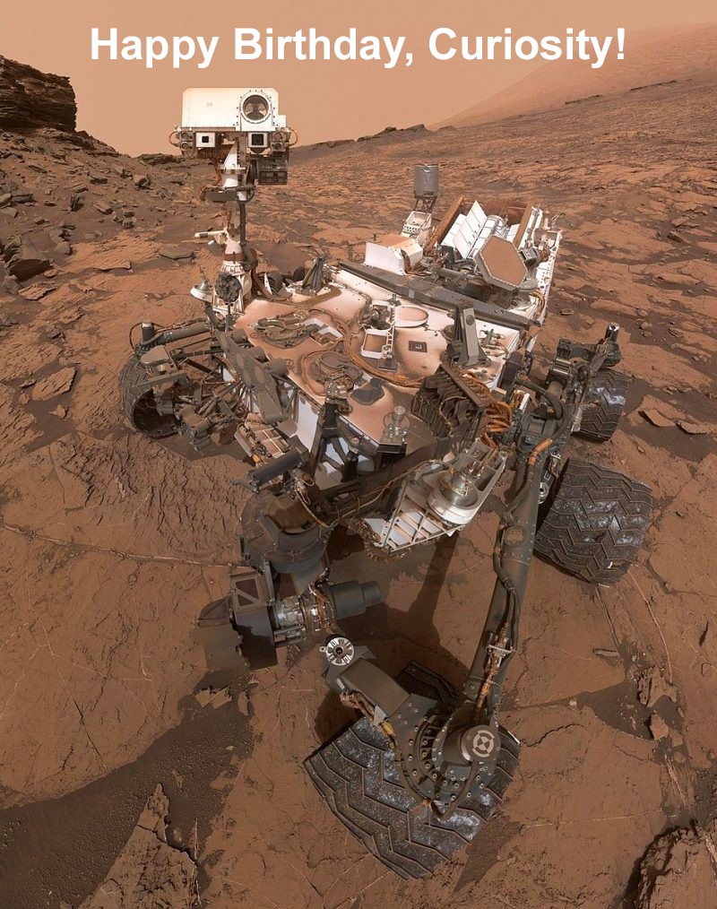 Robots to robot: Happy birthday! Complex wheeled machine with camera looking toward the viewer, with Mars in the background.