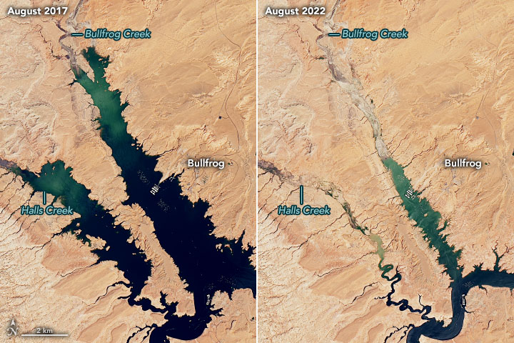 2 satellite images of a lake, side by side. The lake on the left image is bigger.