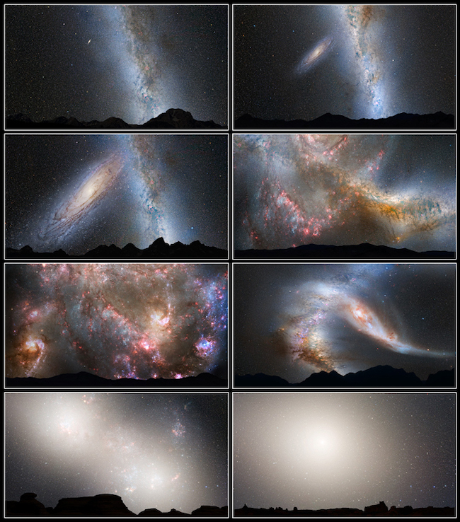 Panel of 8 illustrations of 2 galaxies gradually merging together.