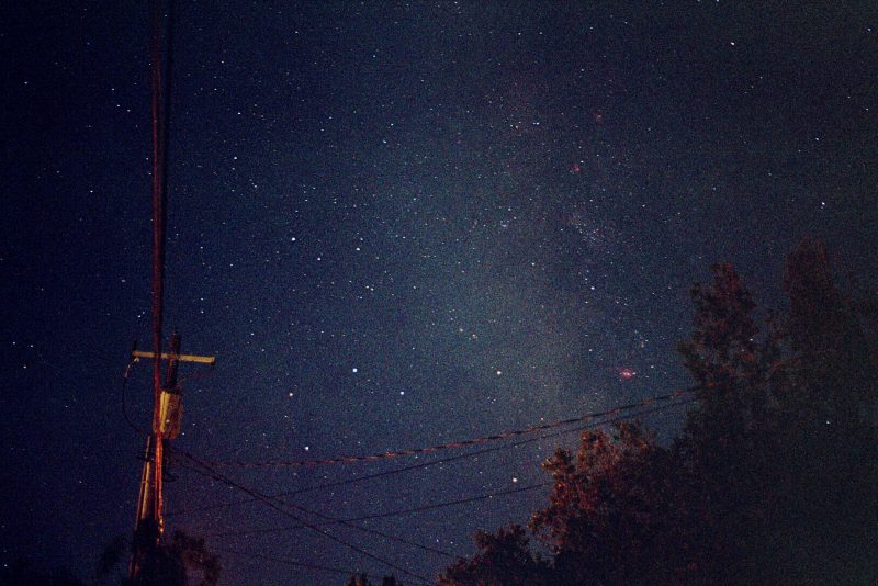 Telephone poles and trees with hazy Milky Way behind.