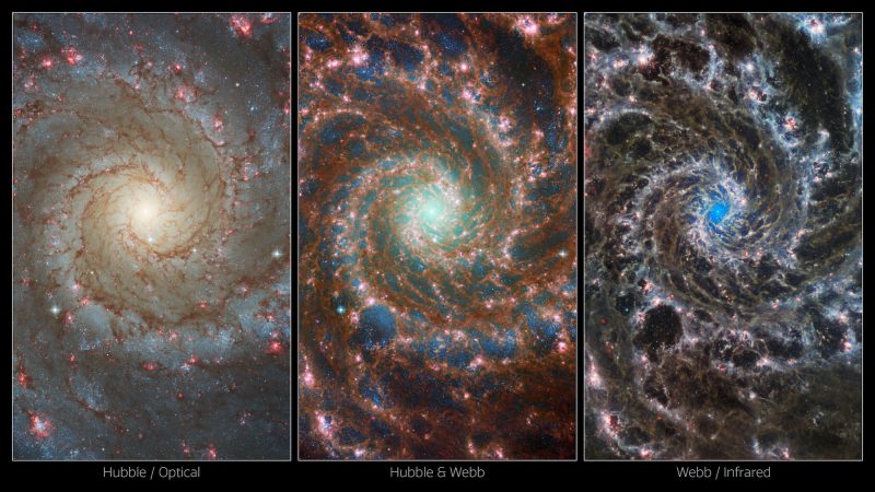Webb and Hubble: Three colored spirals against a dark background.