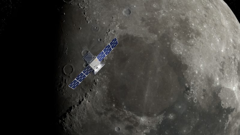 Launches: Cubical spacecraft with wide solar panels in orbit over the moon.