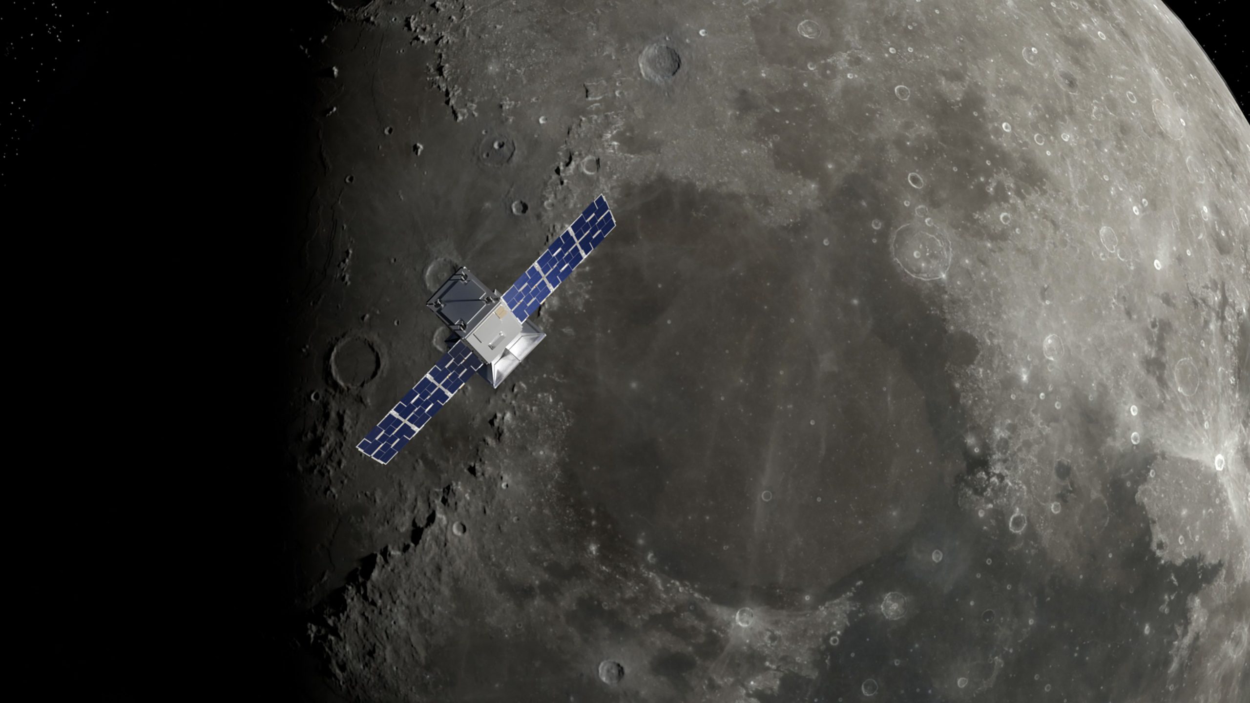 Cubical spacecraft with wide solar panels in orbit over the moon.