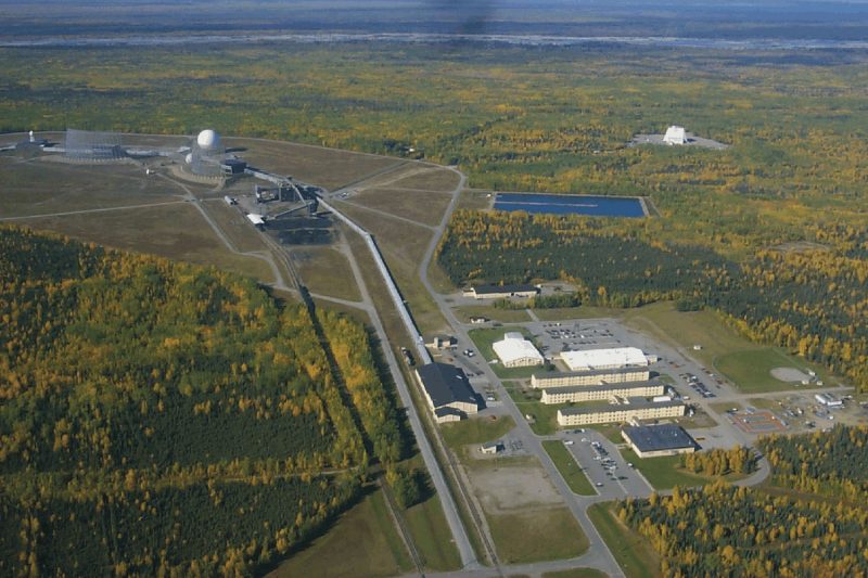 Aerial image of an air/ space facility surrounded by fields.