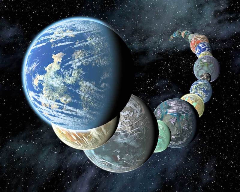 Earth-like origin of life: Curving line of many varicolored rocky planets with stars in background.