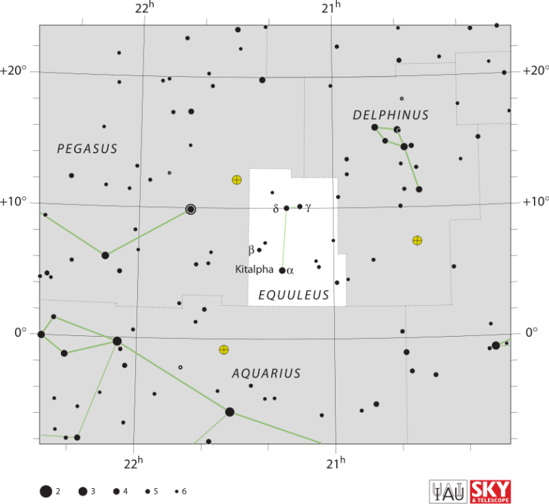 White star chart with black dots showing constellation Equuleus.
