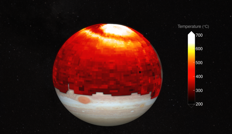 Heatwave on Jupiter: Image of Jupiter superimposed with red squares and a key at the right showing temperature versus color.