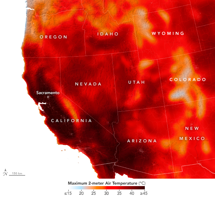 Western heatwave: Map of western United State colorized for heat.