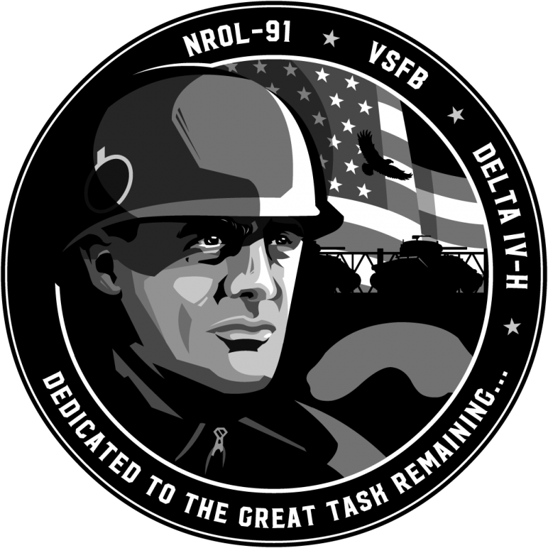 Launches: A black-and-white patch of a man in a hat with flag and eagle.