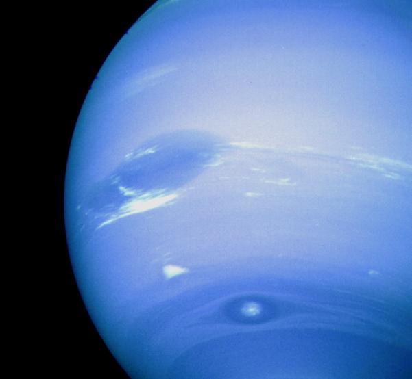 Neptune from Voyager 2 showing dark and light ovals.